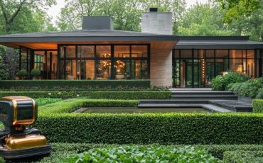 Professional landscaping design featuring lush greenery, decorative plants, manicured lawns, pathways, and beautifully arranged outdoor living spaces.