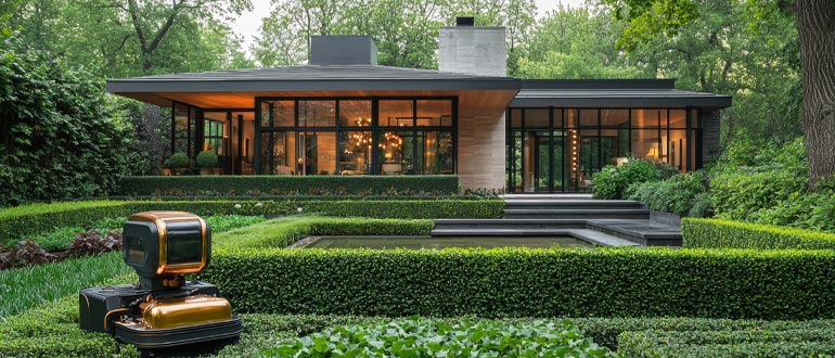 Professional landscaping design featuring lush greenery, decorative plants, manicured lawns, pathways, and beautifully arranged outdoor living spaces.