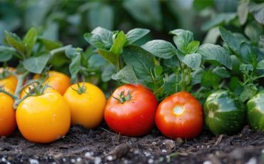 Mini garden with healthy tomato plants growing in a compact space, showcasing fresh home-grown vegetables and productive container gardening.