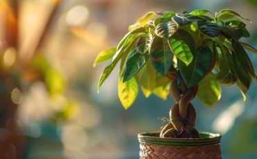 Money Tree plant (Pachira aquatica) with braided trunk and lush green leaves, symbolizing prosperity, good fortune, and indoor plant beauty.