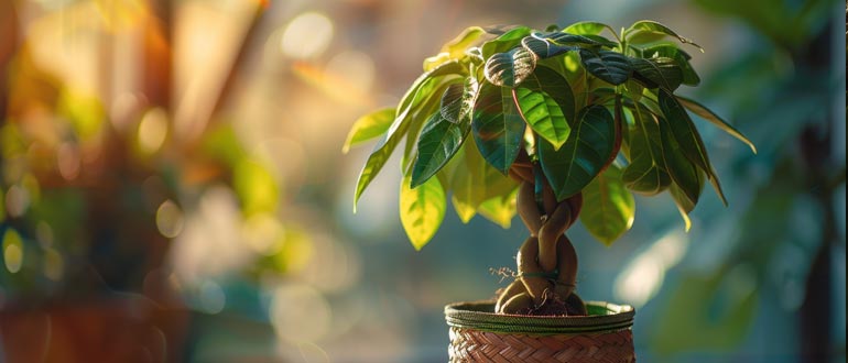 Money Tree plant (Pachira aquatica) with braided trunk and lush green leaves, symbolizing prosperity, good fortune, and indoor plant beauty.