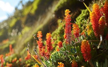 Mountain plants growing on rocky slopes, showcasing hardy vegetation adapted to high elevations, rugged terrain, and changing weather conditions.