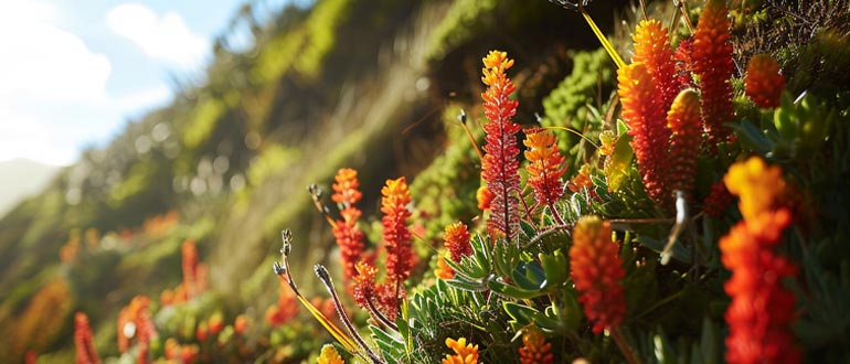Mountain plants growing on rocky slopes, showcasing hardy vegetation adapted to high elevations, rugged terrain, and changing weather conditions.