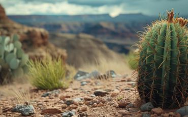 Cacti growing in a desert landscape, featuring thick water-storing stems, sharp spines, and unique adaptations for survival in arid environments.