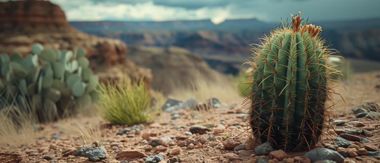 Cacti growing in a desert landscape, featuring thick water-storing stems, sharp spines, and unique adaptations for survival in arid environments.