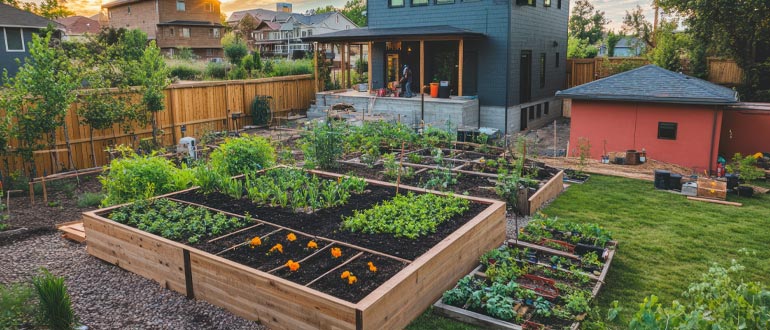 Beautiful backyard garden featuring healthy plants, colorful flowers, lush greenery, and a well-maintained outdoor living space.