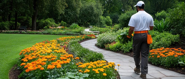 Beautifully designed landscape featuring garden paths, healthy plants, ornamental shrubs, and well-maintained outdoor living spaces.