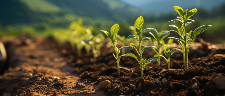 Plant growth stages showing the progression from seed germination to seedling development and healthy mature plant growth.