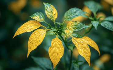 Chili plant with yellowing leaves, showing signs of nutrient deficiency, watering stress, or environmental growing challenges.
