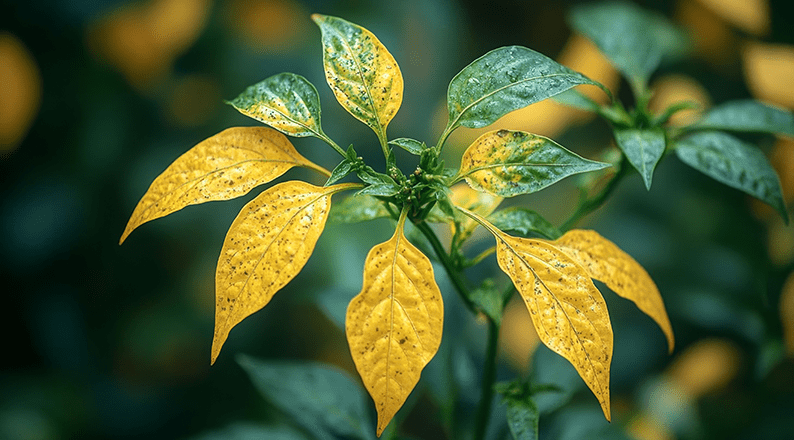 Chili plant with yellowing leaves, showing signs of nutrient deficiency, watering stress, or environmental growing challenges.