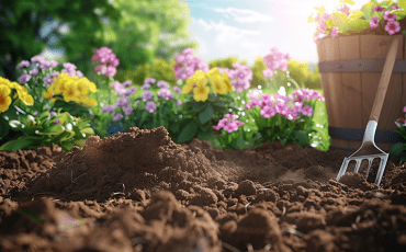 Gardening fork placed in rich soil surrounded by vibrant flowers in a sunlit garden, showcasing practical garden maintenance and healthy plant growth.