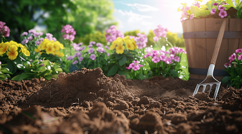 Gardening fork placed in rich soil surrounded by vibrant flowers in a sunlit garden, showcasing practical garden maintenance and healthy plant growth.