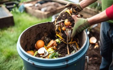 Person composting food waste in a backyard garden, adding organic kitchen scraps to a compost bin to create nutrient-rich soil.