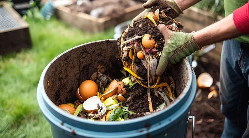 Person composting food waste in a backyard garden, adding organic kitchen scraps to a compost bin to create nutrient-rich soil.