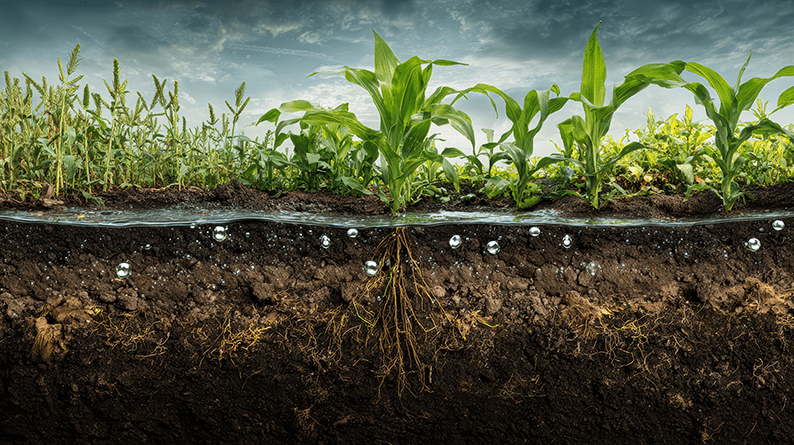 Soil cross-section showing growing plants with visible roots and water movement through different soil layers, illustrating healthy plant development.