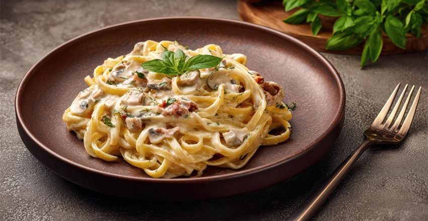 30-Minute Creamy Garlic Wild Mushroom Fettuccine garnished with basil