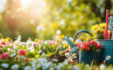 Basket of colorful flowers placed near a beehive in a grassy garden, promoting pollination and a healthy outdoor environment.