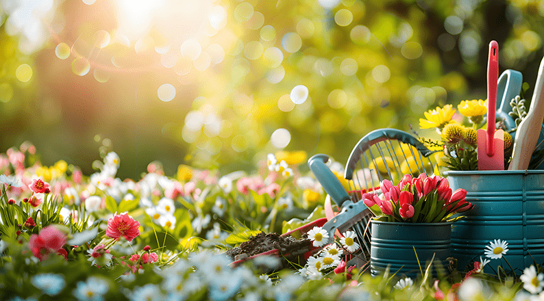 Basket of colorful flowers placed near a beehive in a grassy garden, promoting pollination and a healthy outdoor environment.