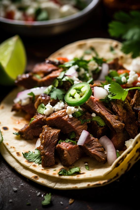 Steak tacos topped with jalapeño slices, onions, cilantro, and crumbled cheese on soft tortillas.