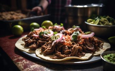 Delicious assortment of tacos arranged with seasoned meat, fresh vegetables, herbs, and colorful toppings on a serving platter.
