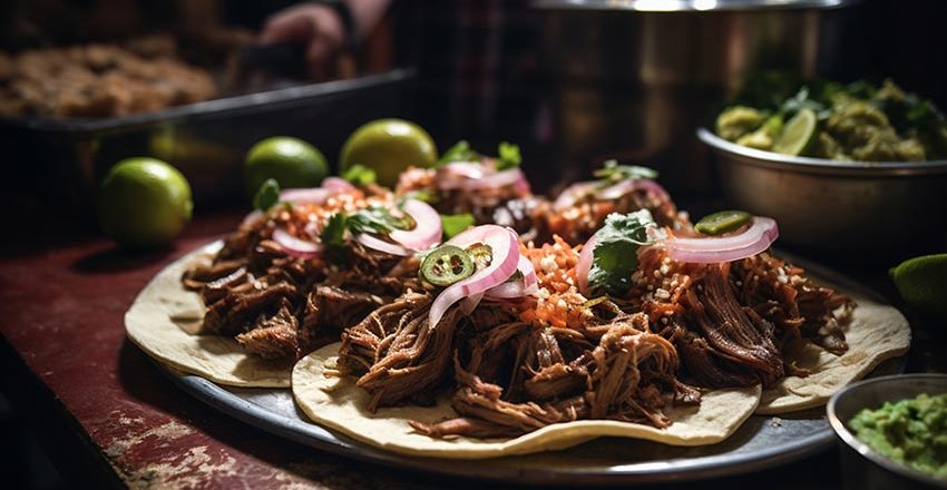 Delicious assortment of tacos arranged with seasoned meat, fresh vegetables, herbs, and colorful toppings on a serving platter.