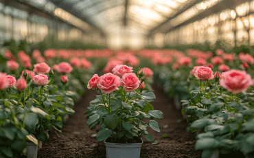 Rose plants growing in a greenhouse, featuring healthy blooms, vibrant foliage, and a controlled environment for flower cultivation.