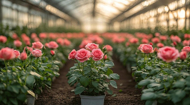 Rose plants growing in a greenhouse, featuring healthy blooms, vibrant foliage, and a controlled environment for flower cultivation.