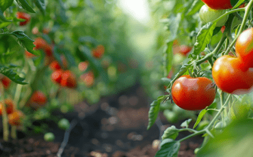 Ripe tomatoes and colorful peppers growing in neat vegetable garden rows, ready for harvest in a healthy and productive garden.