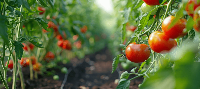 Ripe tomatoes and colorful peppers growing in neat vegetable garden rows, ready for harvest in a healthy and productive garden.